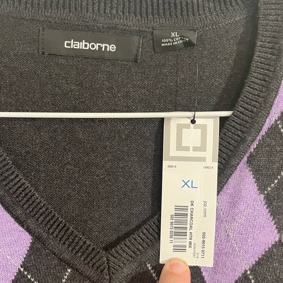 Claiborne Mens XL 90s Y2K Purple Gray Argyle V-Neck Sweater - Picture 3 of 4